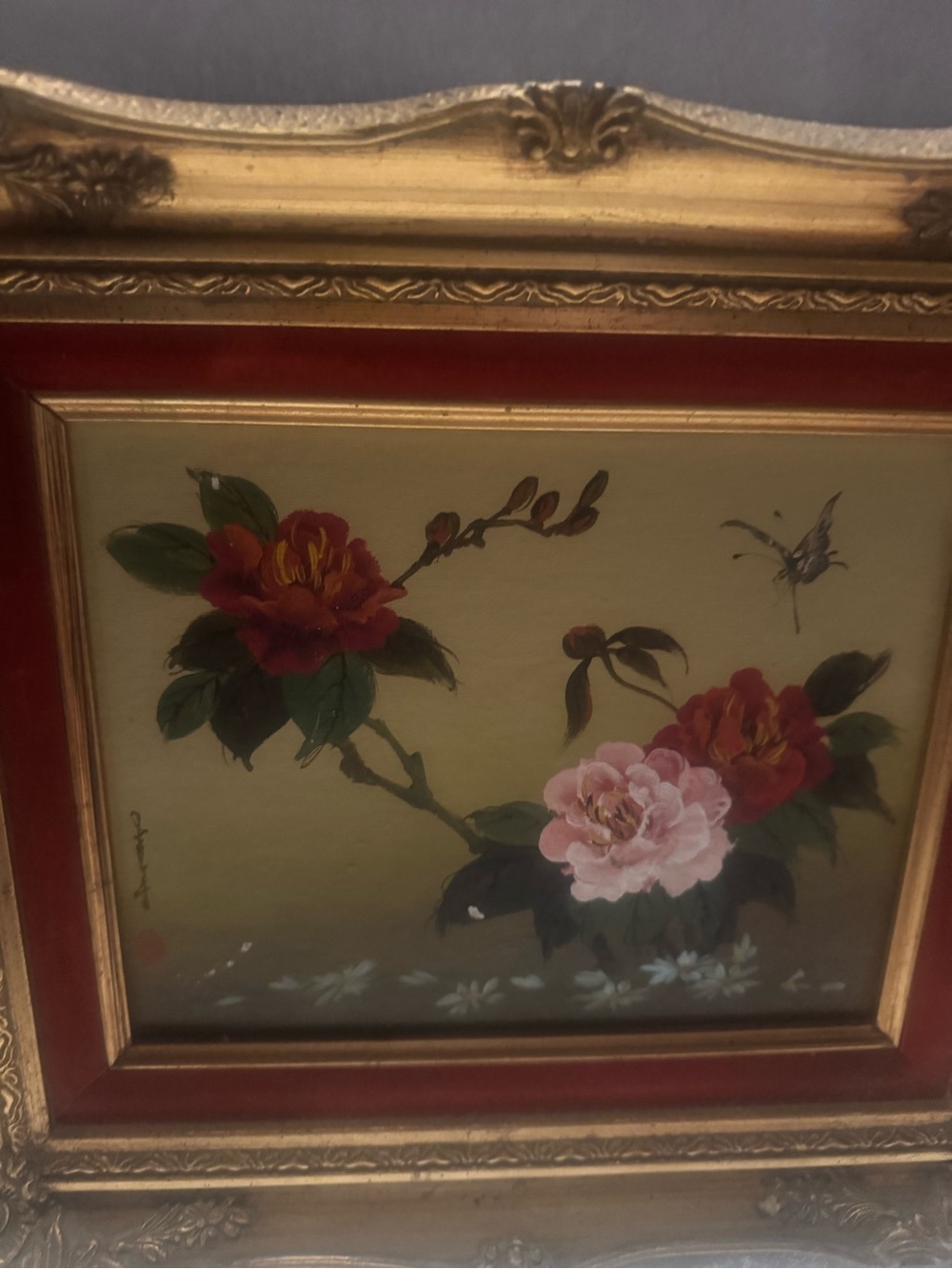 Vintage Asian Inspired Framed Oil painting floral Signed. - Picture 4 of 9